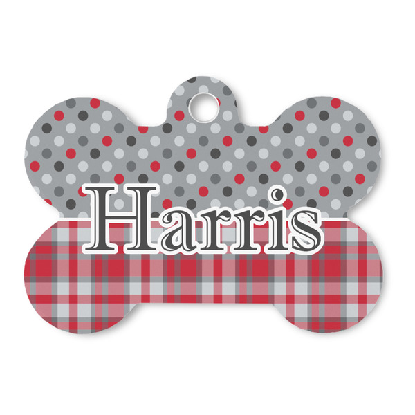 Custom Red & Gray Dots and Plaid Bone Shaped Dog ID Tag (Personalized)