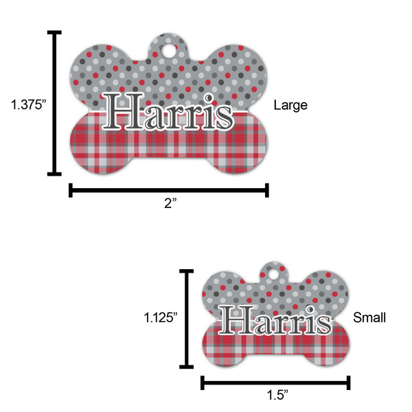 Red & Gray Dots and Plaid Bone Shaped Dog ID Tag - Large - Scale