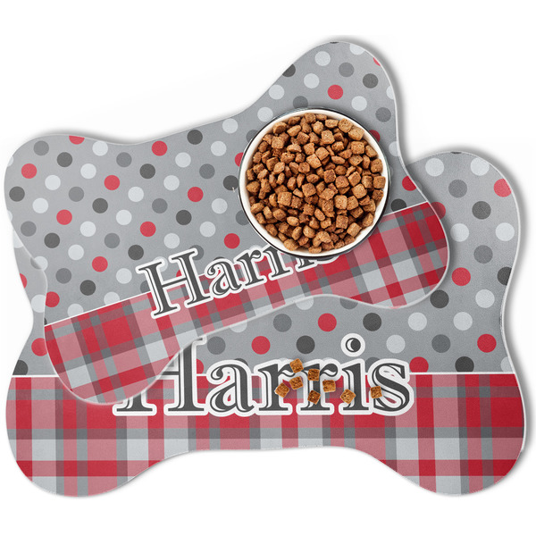 Red & Gray Dots and Plaid Bone Shaped Dog Mats - MAIN