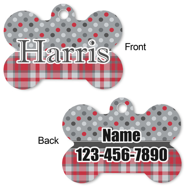 Red & Gray Dots and Plaid Bone Shaped Dog Tag - Front & Back
