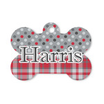 Red & Gray Dots and Plaid Bone Shaped Dog ID Tag - Small (Personalized)