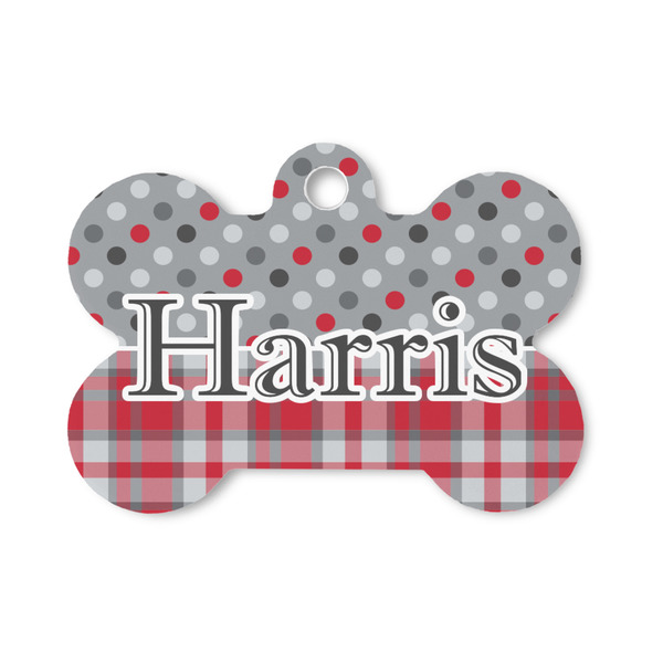 Custom Red & Gray Dots and Plaid Bone Shaped Dog ID Tag - Small (Personalized)