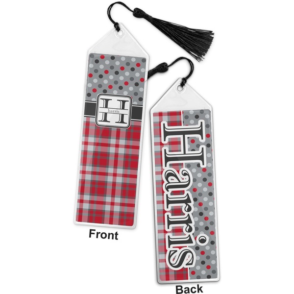 Red & Gray Dots and Plaid Bookmark with tassel - Front and Back