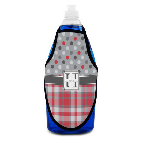 Red & Gray Dots and Plaid Bottle Apron - Soap - FRONT