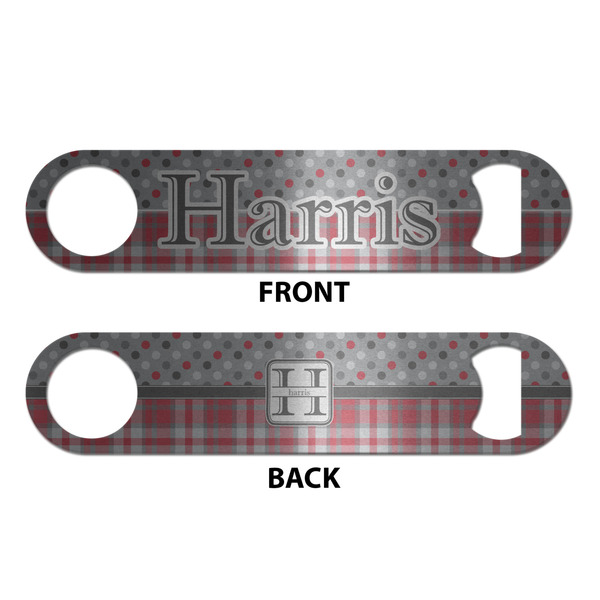 Red & Gray Dots and Plaid Bottle Opener - Front & Back