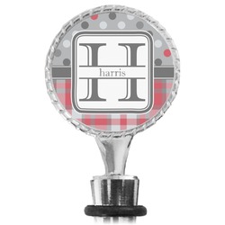 Red & Gray Dots and Plaid Wine Bottle Stopper (Personalized)