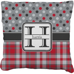 Red & Gray Dots and Plaid Faux-Linen Throw Pillow 16" (Personalized)