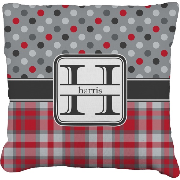 Custom Red & Gray Dots and Plaid Faux-Linen Throw Pillow 16" (Personalized)