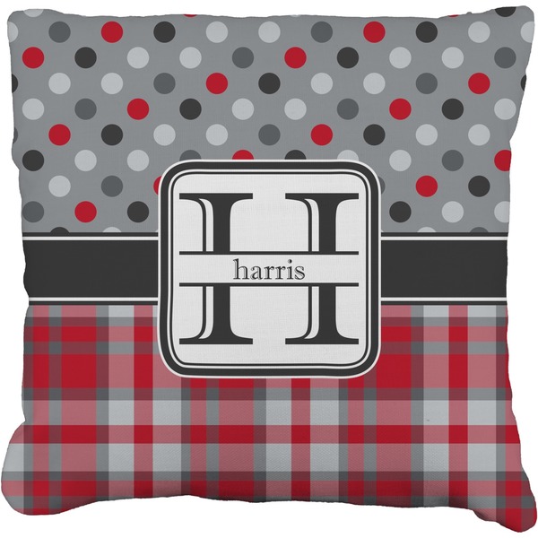 Custom Red & Gray Dots and Plaid Faux-Linen Throw Pillow 18" (Personalized)