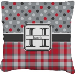 Red & Gray Dots and Plaid Faux-Linen Throw Pillow 20" (Personalized)