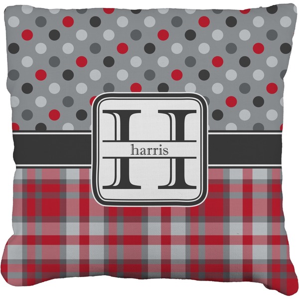 Custom Red & Gray Dots and Plaid Faux-Linen Throw Pillow 26" (Personalized)