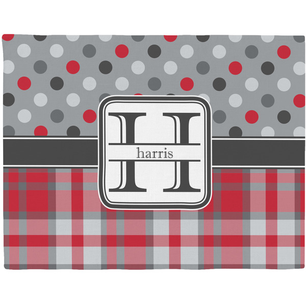 Custom Red & Gray Dots and Plaid Woven Fabric Placemat - Twill w/ Name and Initial