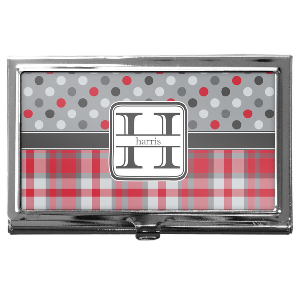 Custom Red & Gray Dots and Plaid Business Card Case