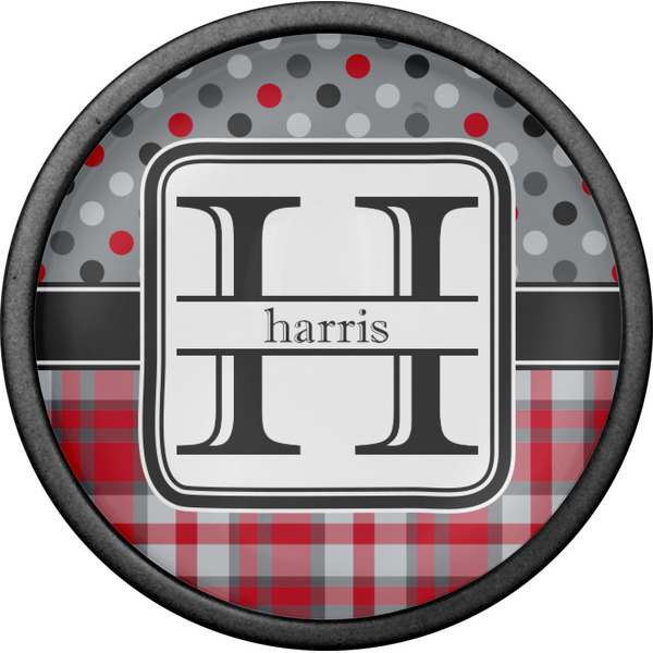 Red & Gray Dots and Plaid Cabinet Knob - Black - Front