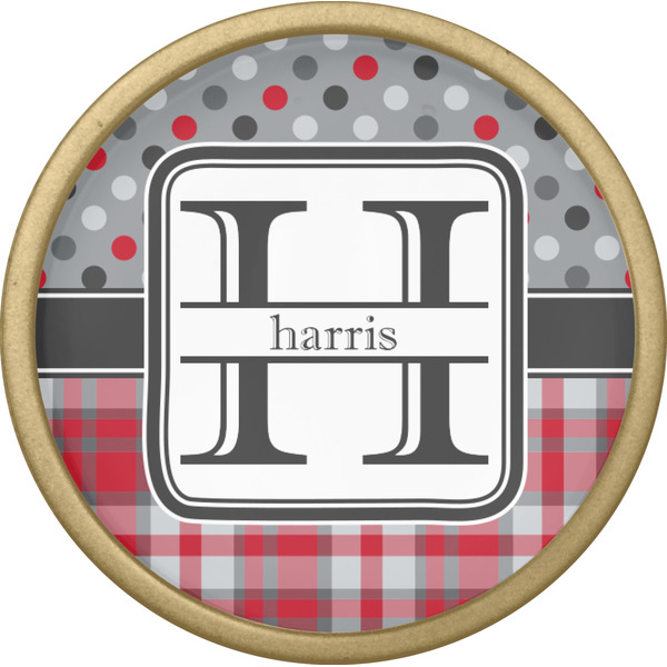 Red & Gray Dots and Plaid Cabinet Knob - Gold - Front