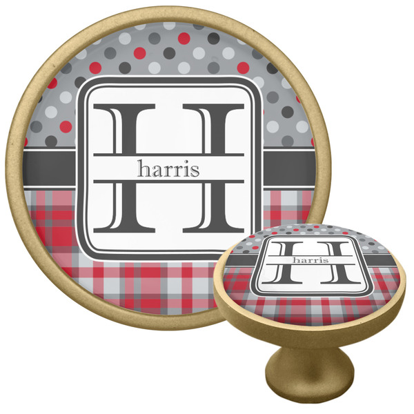 Custom Red & Gray Dots and Plaid Cabinet Knob - Gold (Personalized)