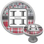 Red & Gray Dots and Plaid Cabinet Knob (Silver) (Personalized)