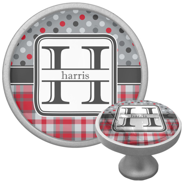 Custom Red & Gray Dots and Plaid Cabinet Knob (Silver) (Personalized)