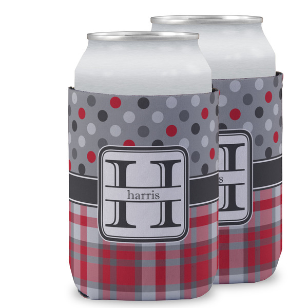 Custom Red & Gray Dots and Plaid Can Cooler (12 oz) w/ Name and Initial