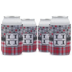 Red & Gray Dots and Plaid Can Cooler (12 oz) - Set of 4 w/ Name and Initial