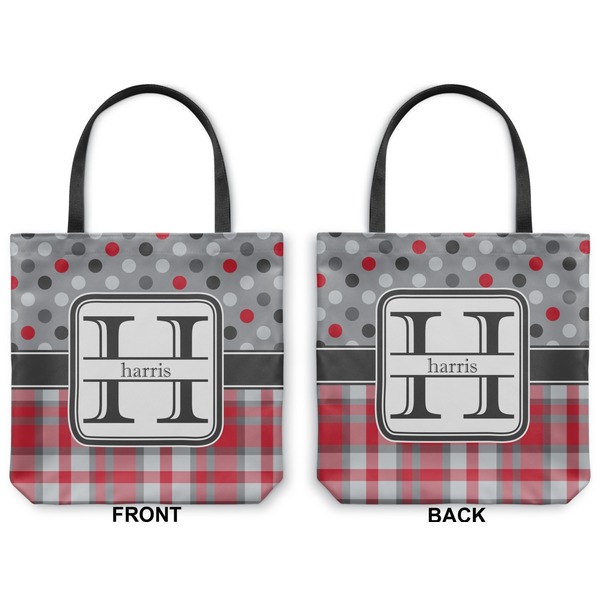 Red & Gray Dots and Plaid Canvas Tote - Front and Back