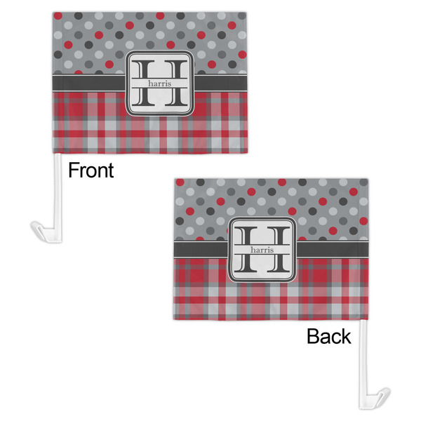 Red & Gray Dots and Plaid Car Flag - 11" x 8" - Front & Back View