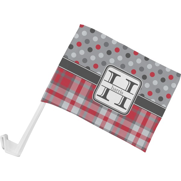 Custom Red & Gray Dots and Plaid Car Flag - Small w/ Name and Initial