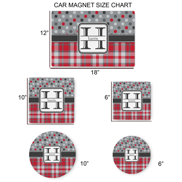 Red & Gray Dots and Plaid Car Magnets - SIZE CHART