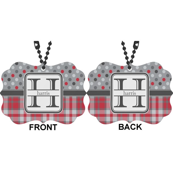 Red & Gray Dots and Plaid Car Ornament (Approval)