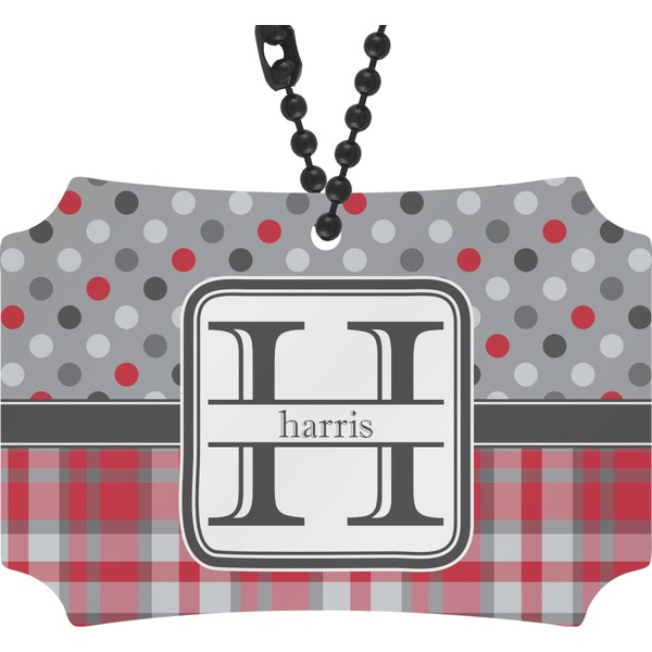 Custom Red & Gray Dots and Plaid Rear View Mirror Ornament (Personalized)