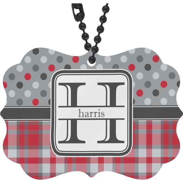 Custom Red & Gray Dots and Plaid Rear View Mirror Decor (Personalized)