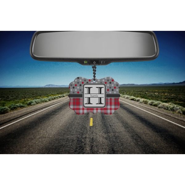 Red & Gray Dots and Plaid Car Ornament (Road)