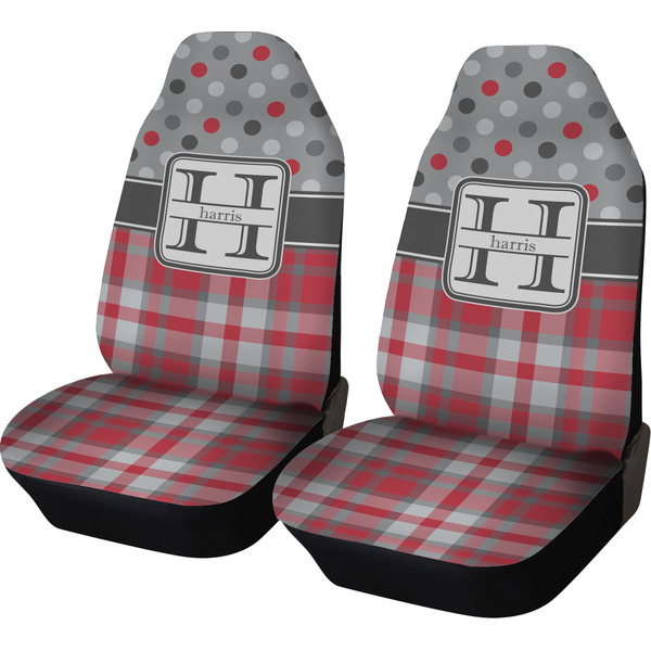 Custom Red & Gray Dots and Plaid Car Seat Covers (Set of Two) (Personalized)