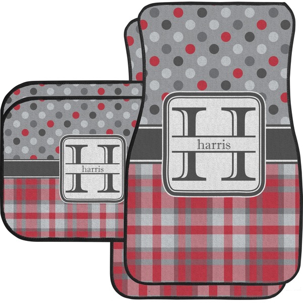 Custom Red & Gray Dots and Plaid Car Floor Mats Set - 2 Front & 2 Back (Personalized)
