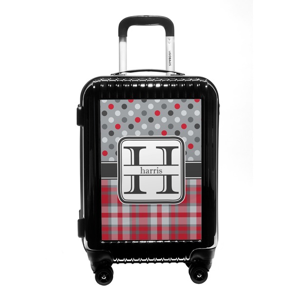 Custom Red & Gray Dots and Plaid Carry On Hard Shell Suitcase (Personalized)