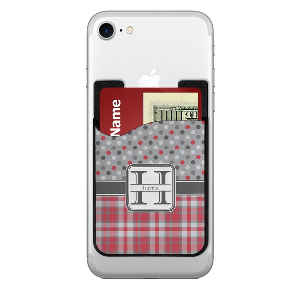 Custom Red & Gray Dots and Plaid 2-in-1 Cell Phone Credit Card Holder & Screen Cleaner (Personalized)