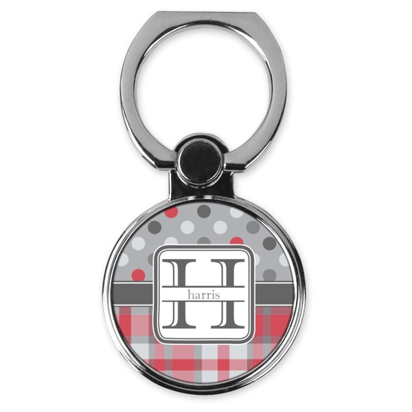 Custom Red & Gray Dots and Plaid Cell Phone Ring Stand & Holder (Personalized)