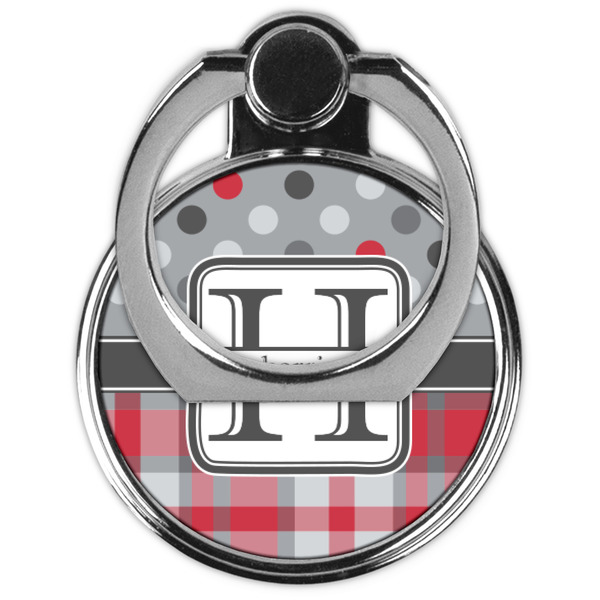 Red & Gray Dots and Plaid Cell Phone Ring Stand & Holder - Front (Collapsed)