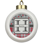 Red & Gray Dots and Plaid Ceramic Ball Ornament (Personalized)