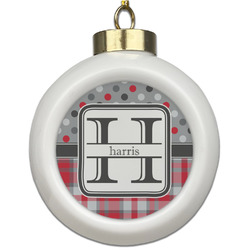 Red & Gray Dots and Plaid Ceramic Ball Ornament (Personalized)