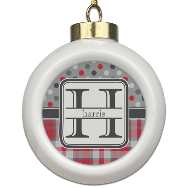 Custom Red & Gray Dots and Plaid Ceramic Ball Ornament (Personalized)
