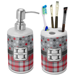 Red & Gray Dots and Plaid Ceramic Bathroom Accessories Set (Personalized)