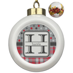 Red & Gray Dots and Plaid Ceramic Ball Ornaments - Poinsettia Garland (Personalized)