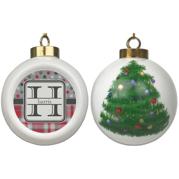 Red & Gray Dots and Plaid Ceramic Christmas Ornament - X-Mas Tree (APPROVAL)