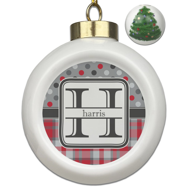 Custom Red & Gray Dots and Plaid Ceramic Ball Ornament - Christmas Tree (Personalized)