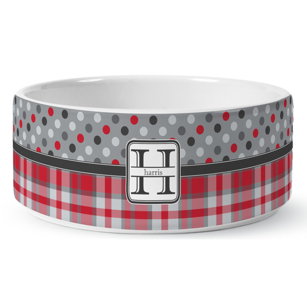 Red & Gray Dots and Plaid Ceramic Dog Bowl - Medium - Front