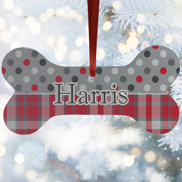 Custom Red & Gray Dots and Plaid Ceramic Dog Ornament w/ Name and Initial