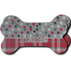 Red & Gray Dots and Plaid Ceramic Dog Ornament - Front & Back w/ Name and Initial