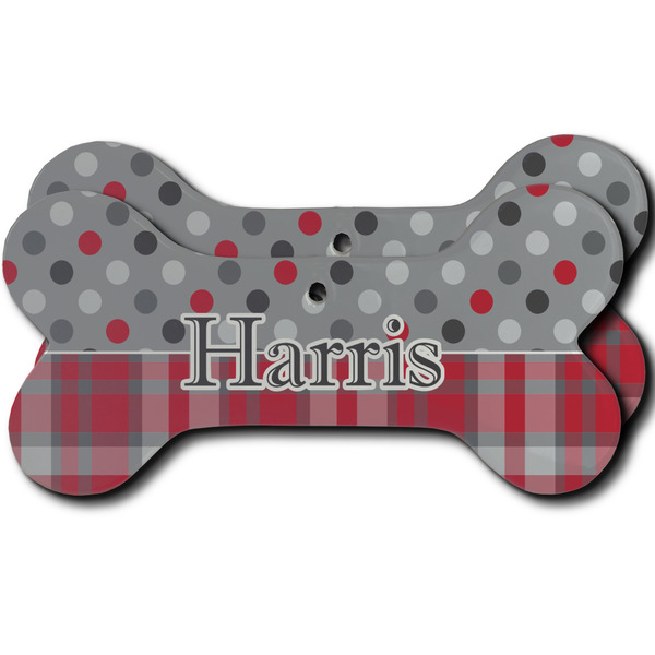 Custom Red & Gray Dots and Plaid Ceramic Dog Ornament - Front & Back w/ Name and Initial