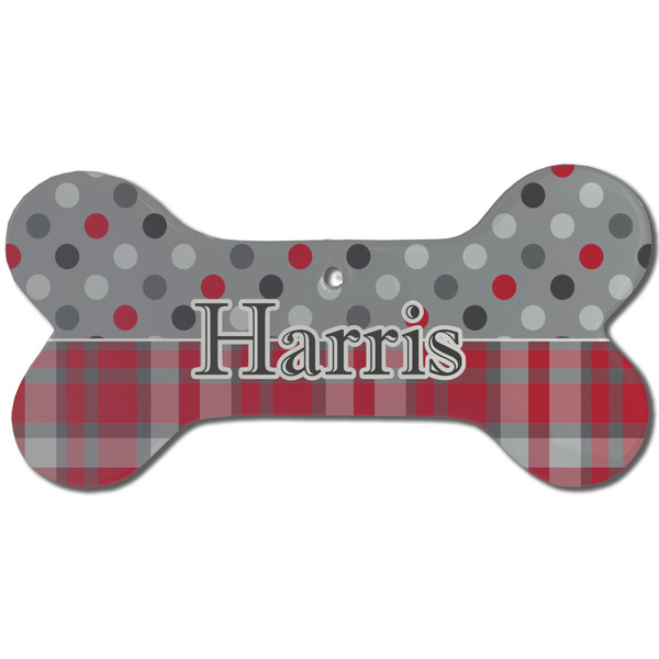Custom Red & Gray Dots and Plaid Ceramic Dog Ornament - Front w/ Name and Initial